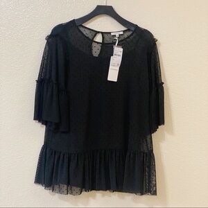 Pleione‎ Black Sheer Polka-Dot Blouse